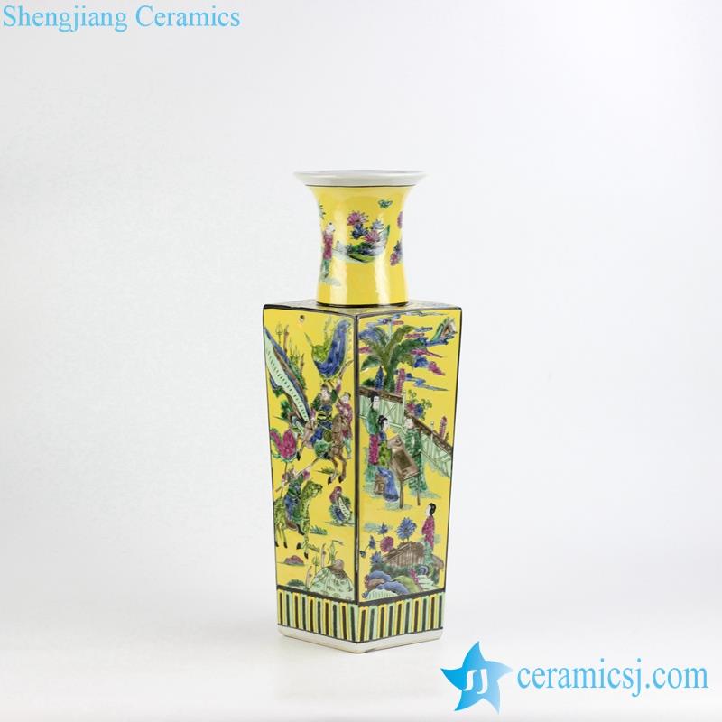Yellow background ancient Chinese life pattern dimetric famille rose porcelain  vase