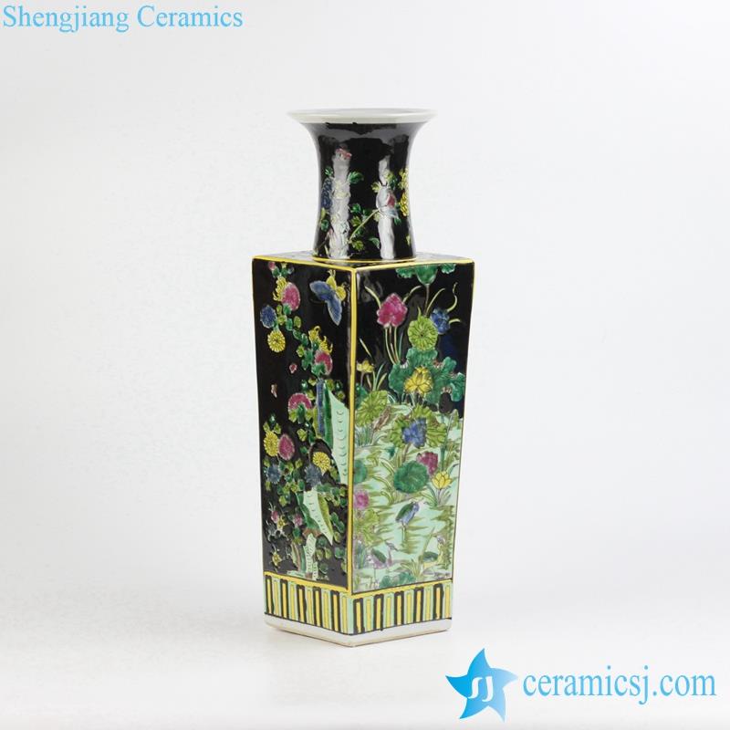 Black background butterfly floral pattern famille rose porcelain vase 
