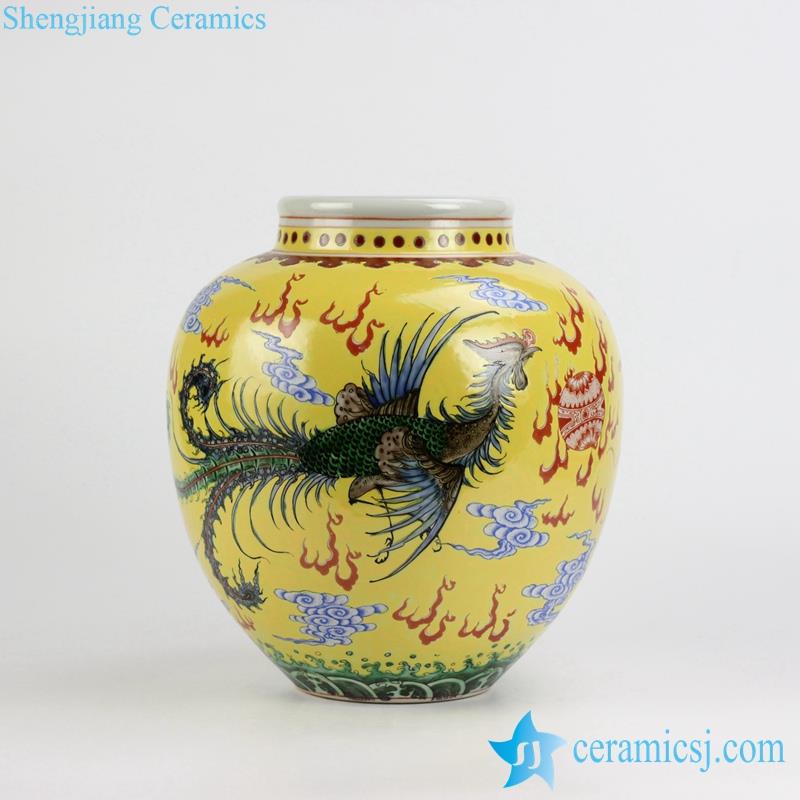 Famille rose yellow ground phoenix and dragon pattern made in China porcelain jar