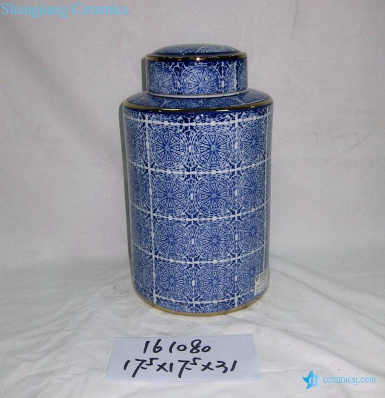 gold line blue and white floral tin jar