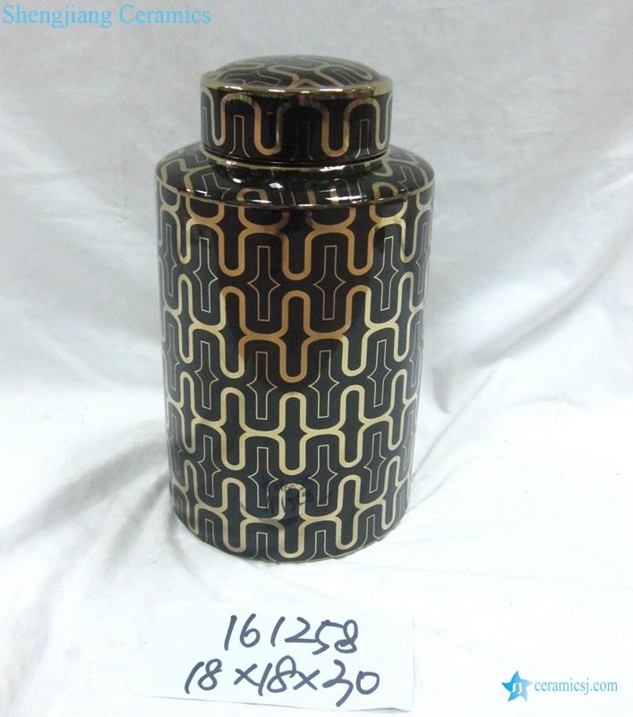 gold line black ground ceramic jar