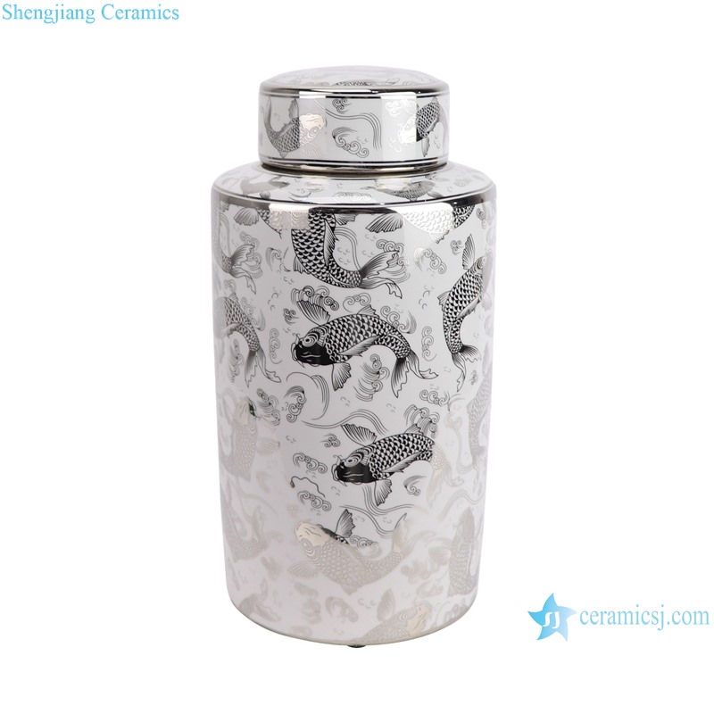 RZKA161260 Silver Fish pattern Japan style crockery cookie candy jar Tea Canister