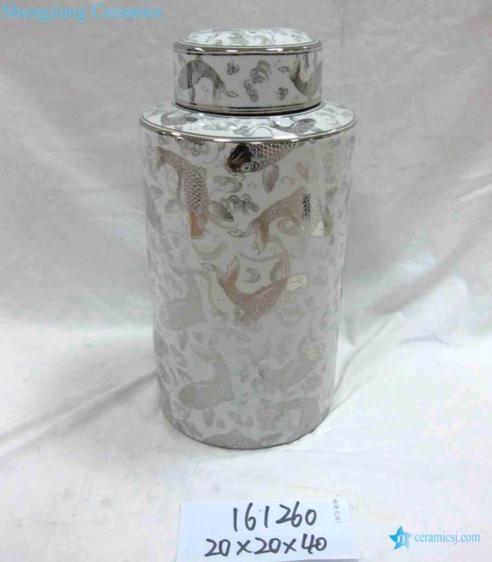 golden carp pattern white ground porcelain jar