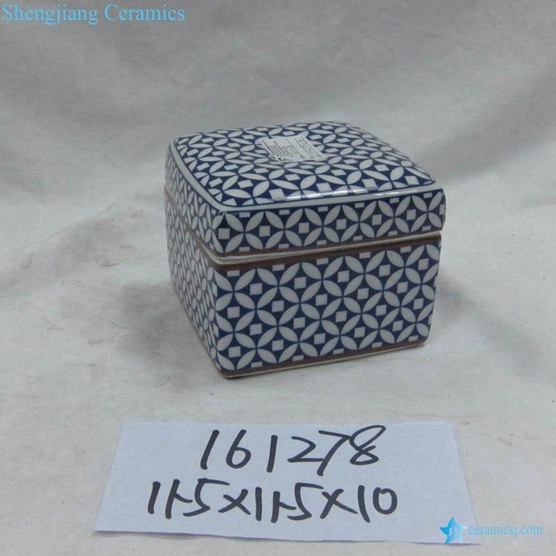  blue and white Chinese copper cash pattern ceramic box shape ink pad