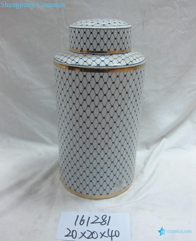 Golden line blue and white grid pattern ceramic tin jar