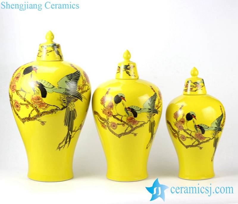  yellow background bird plumb flower pattern ceramic jars