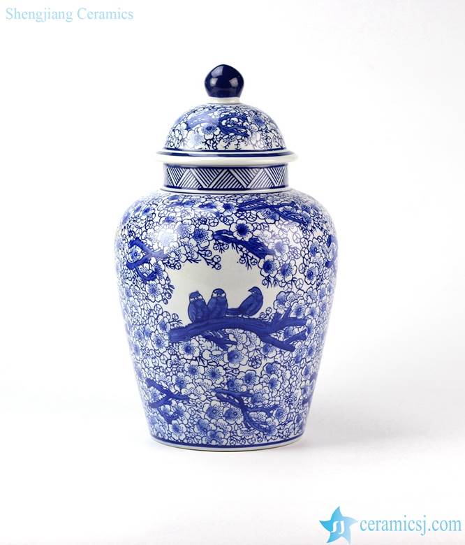  Warm and sweet floral crowed bird family mark cobalt and white ceramic ginger jar
