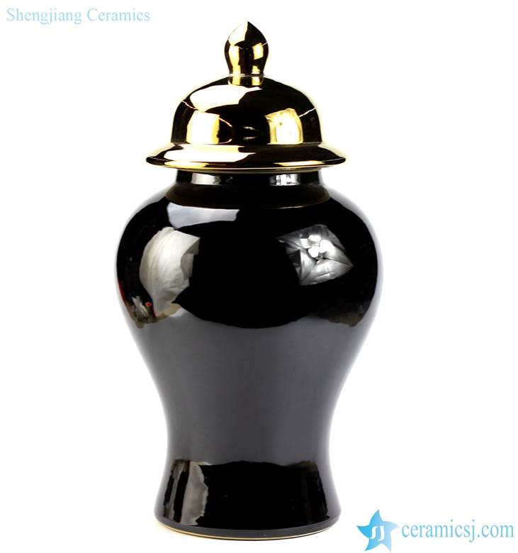 Mirror glaze shinny black home decor china jar with gold cap