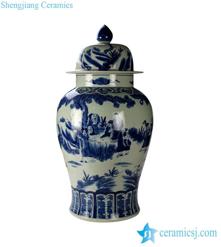 cobalt and white hand paint scholars pattern ceramic ginger jar