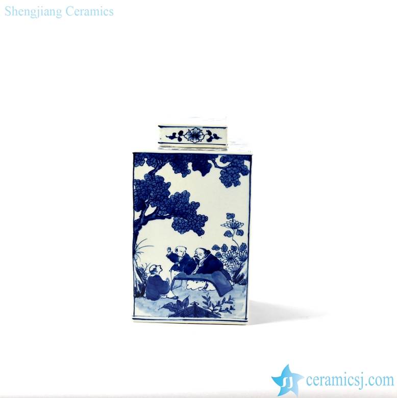 hand painted square blue and white ceramic jar