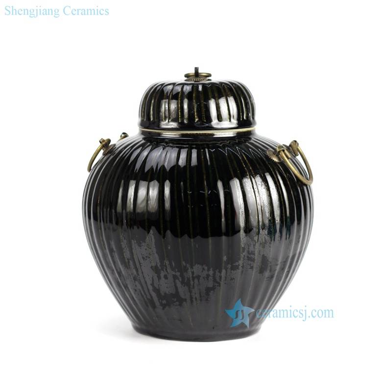  black surface metal ring design ceramic small tea jar