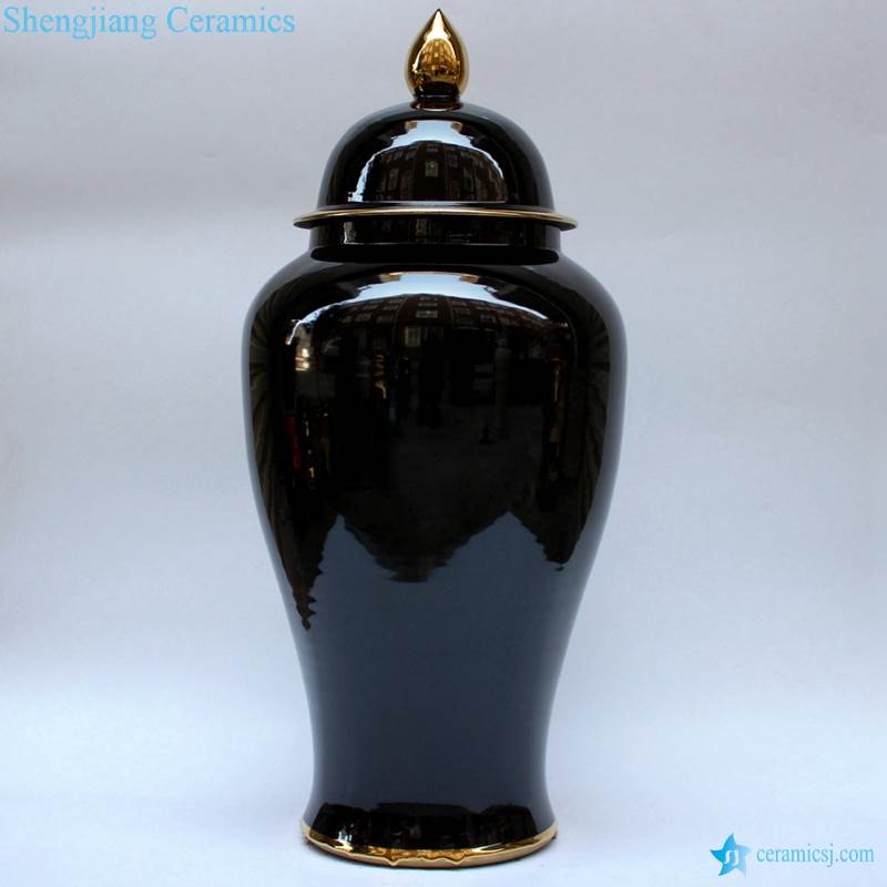 shinny black surface gold pleated ceramic jar