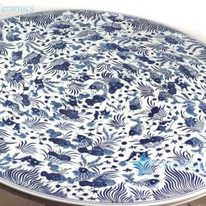 RYLU72 Blue and white fish and seaweed pattern round ceramic table