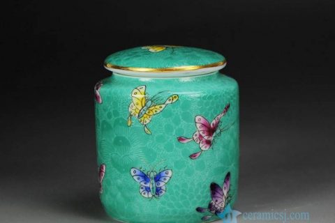 RYMY22 Air tighten gold rim green famille rose hand paint butterfly pattern ceramic tin jar for tea leaf
