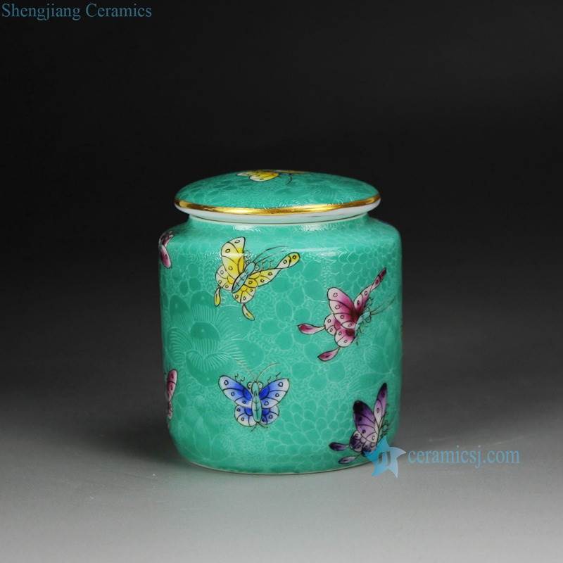 Antique light green famille rose hand paint butterfly pattern ceramic tea jar
