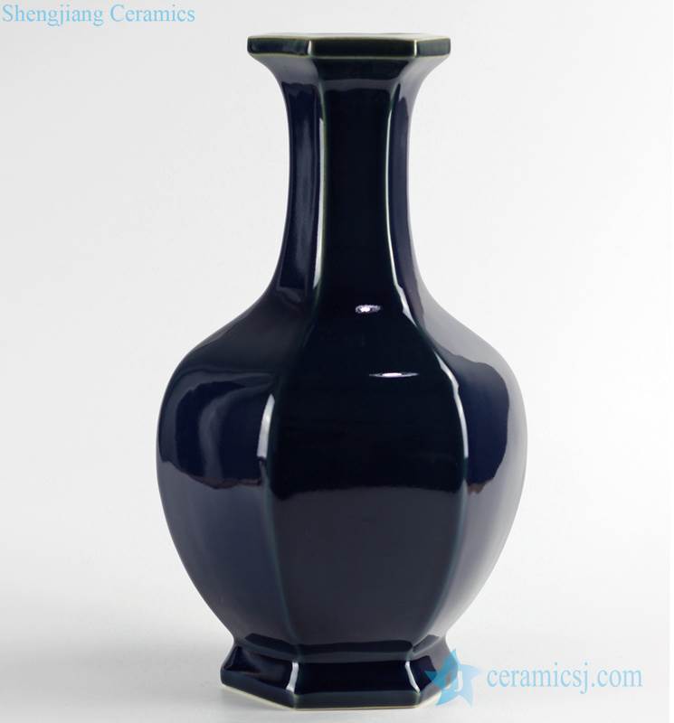 Deep blue smoothly glaze 6 side ceramic flower vase