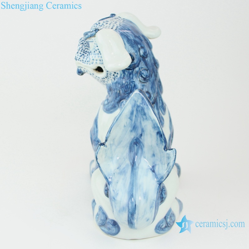 RYXZ10 Pair of Chinese mythology ceramic dog statues in cobalt blue color