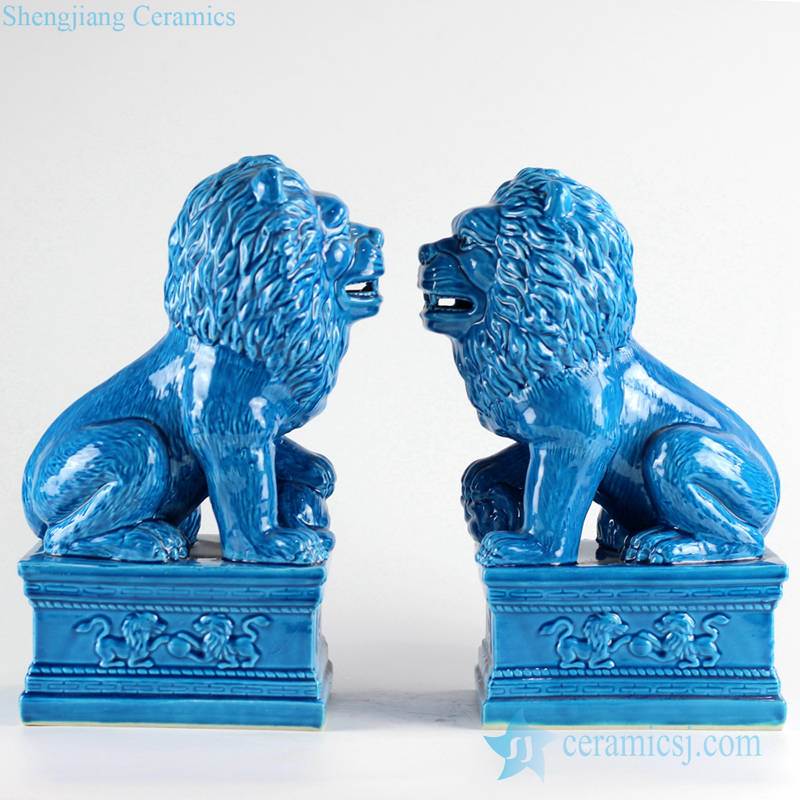 China gate warrior blue ceramic squat lions book end