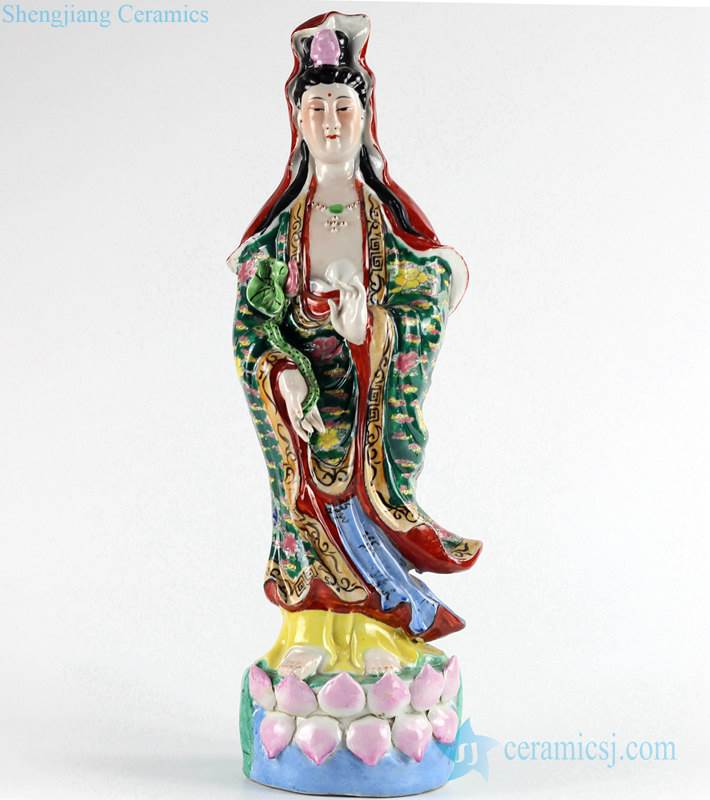  Famille rose buddism godness Guanyin standing on lotus throne figurine
