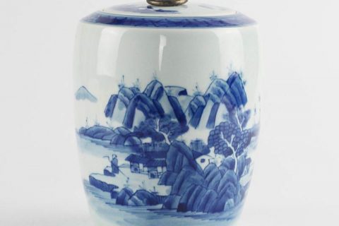 RZCC09 Blue and white tip top China scenic design metal ring lidded tea caddy
