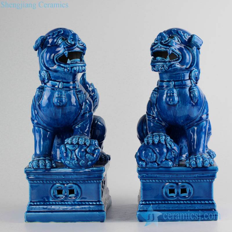  blue color glaze China mythology temple gate guard foo dog staute