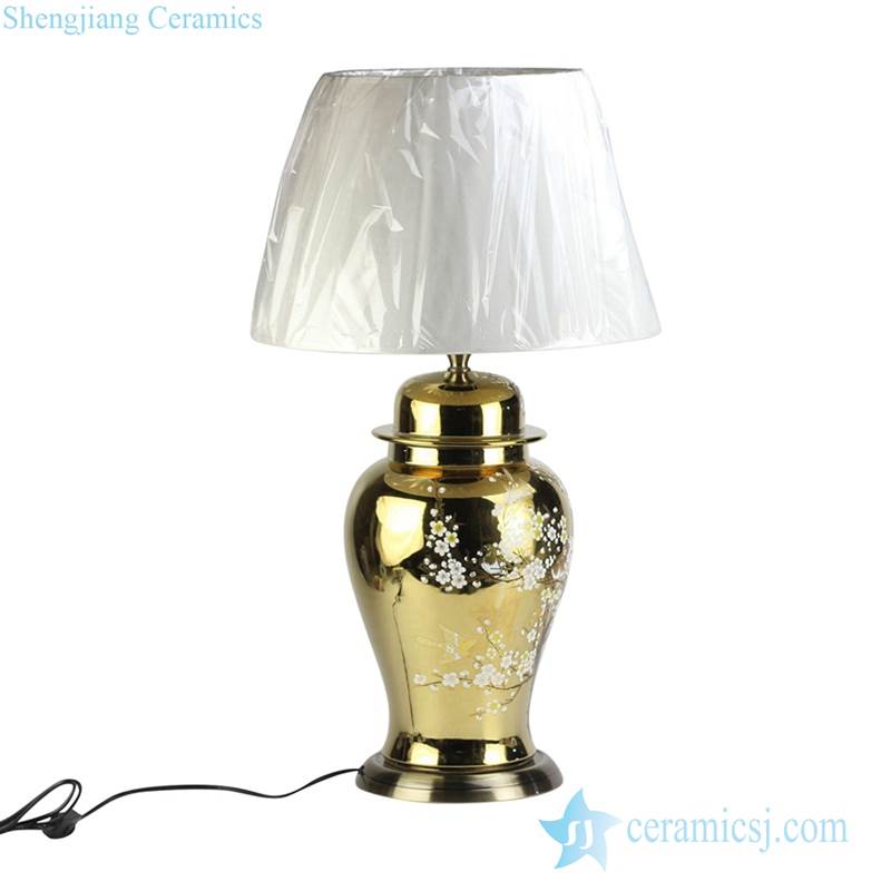 Brass base golden gilded plum blossom ceramic jar lamp