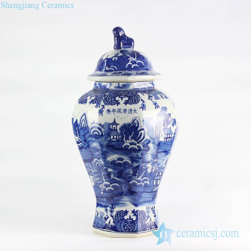 New arrival Kangxi period Qing Dynasty vintage style hand paint landscape pattern ceramic ginger jar with lion cap
