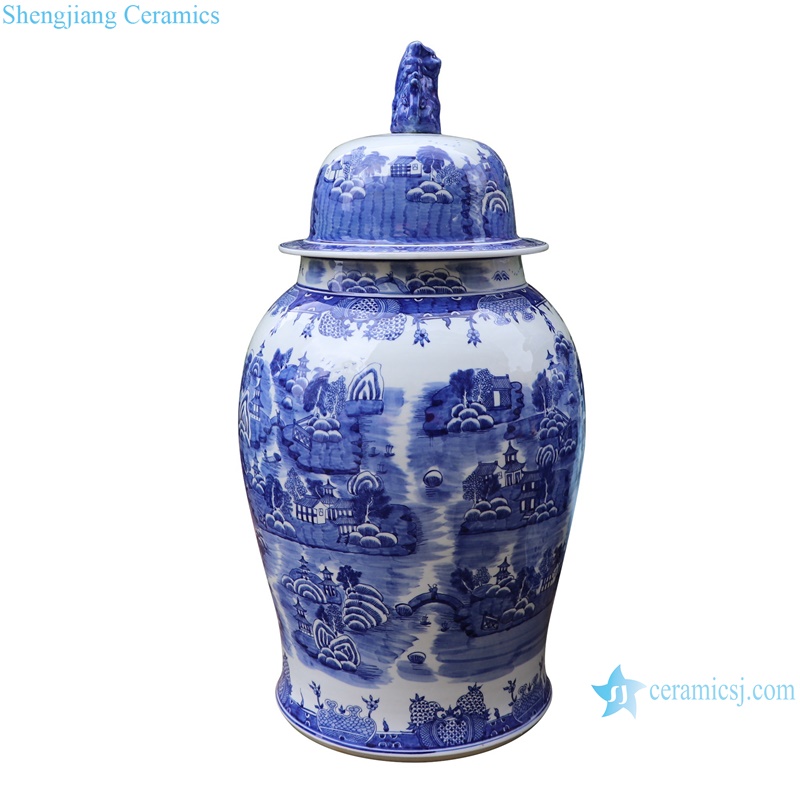 RYLU123 Blue and white lover collection landscape pattern and foo dog lid design tall delft ceramic ginger jar