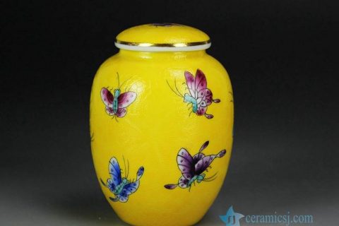 RYMY23 Needle painting famille rose colorful butterfly small ceramic tea caddy for internet sale