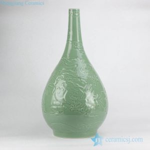 RYNQ210 Jadeite green solid color hand carved oriental fire dragon antique porcelain flower vase
