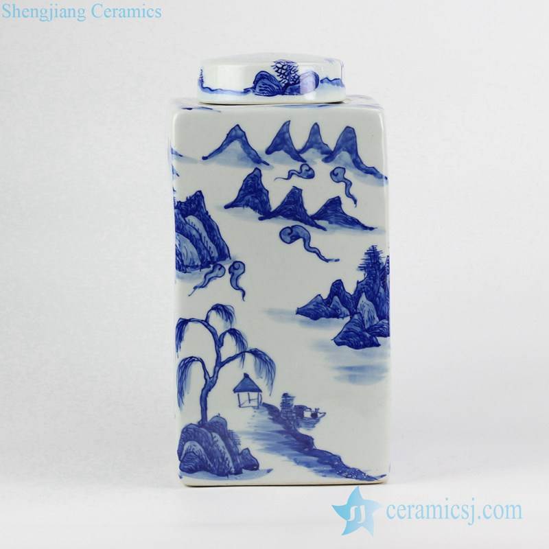 Blue and white live in seclusion square storage jar