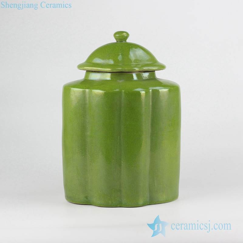Green color small crackle ceramic melon ridge jar
