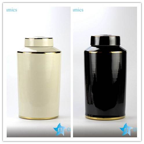 Plain color glossy finish golden line gilded ceramic column jar