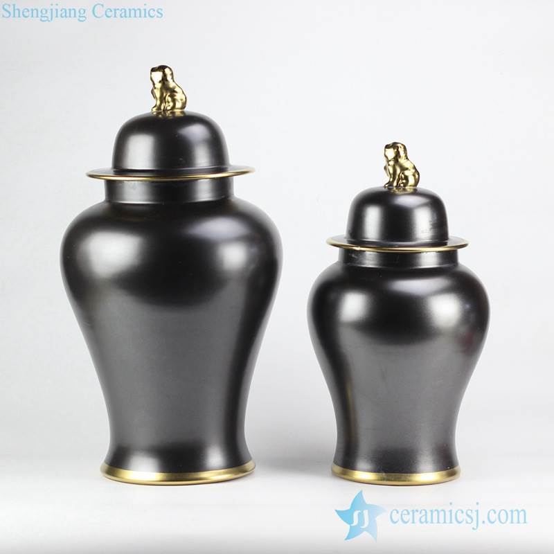 Matt black glaze golden pleated line and knob alluring solid color porcelain set jar 