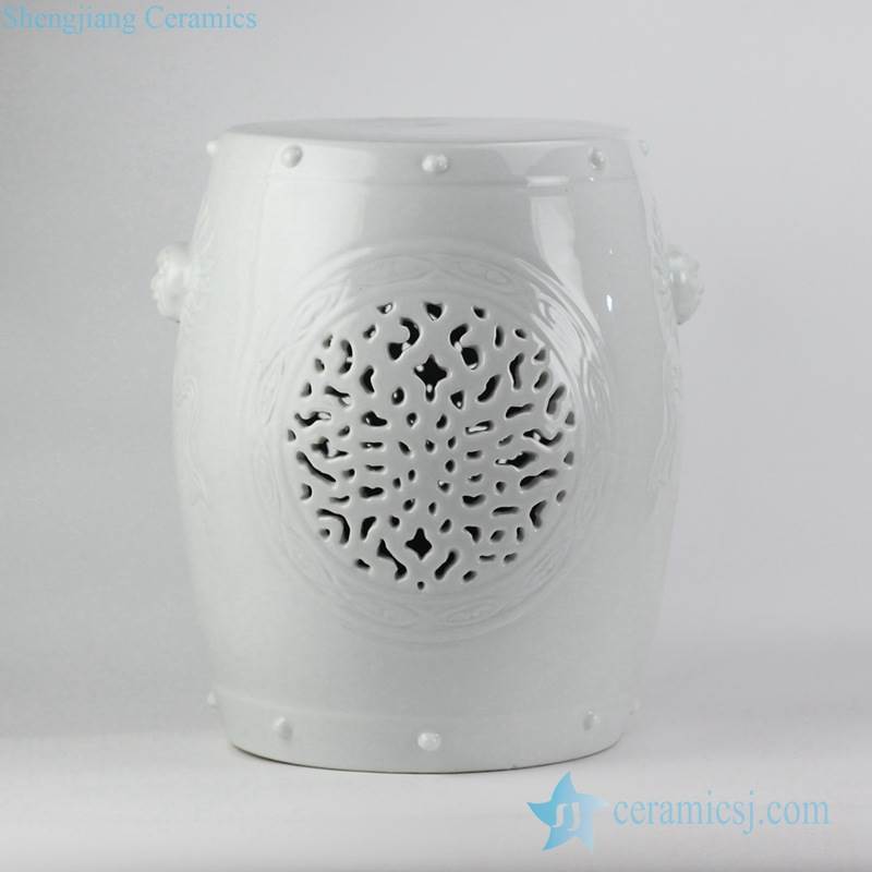 white color carved ceramic lawn stool for outdoor with lion handle