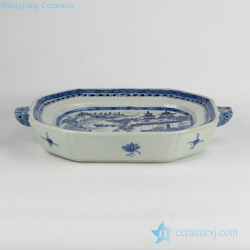 blue and white unique ceramic roasting/pie/flan/quiche/butter/cheese dish