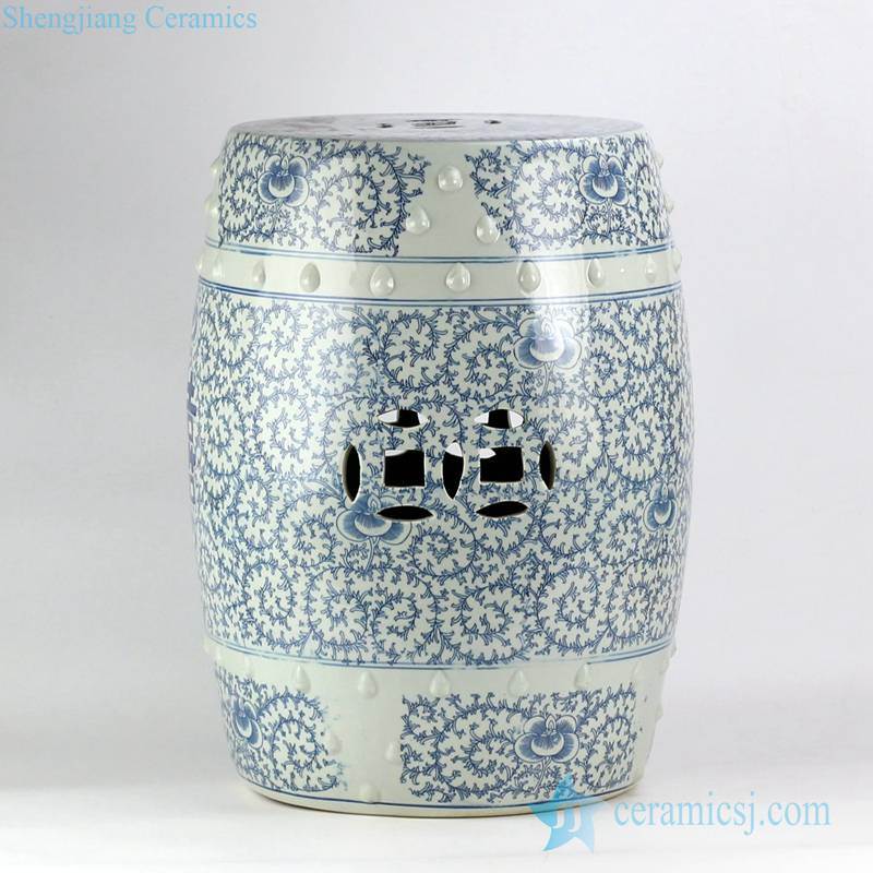 blue and white double happy letter Chinese wedding lawn ceramic stool