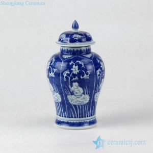 RYXN21 Dark blue background lotus and children pattern hand paint elegant ceramic ginger jar for newly married family