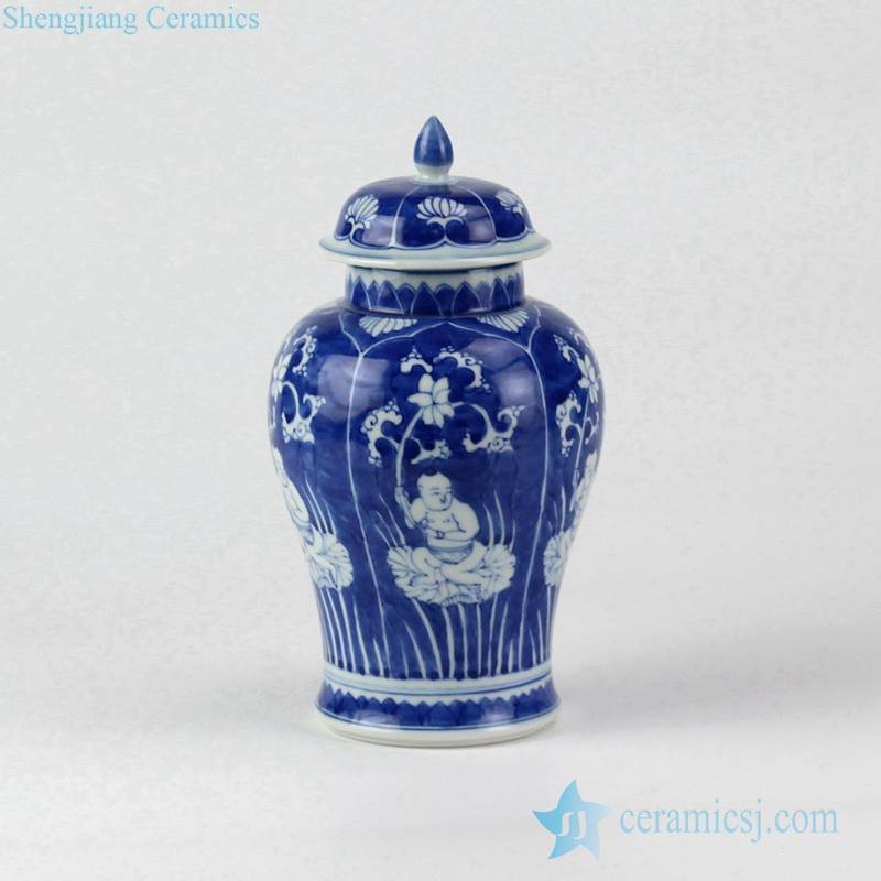 Dark blue background lotus and children pattern hand paint elegant ceramic ginger jar for newly married family 