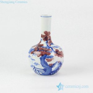 RYXN26 Luxury blue and under glaze red hand paint greeting pine pattern globular shape porcelain vase