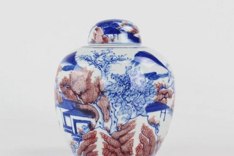 RYXN28 blue and under glaze red Jingdezhen China artisan hand paint landscape ceramic tea caddy