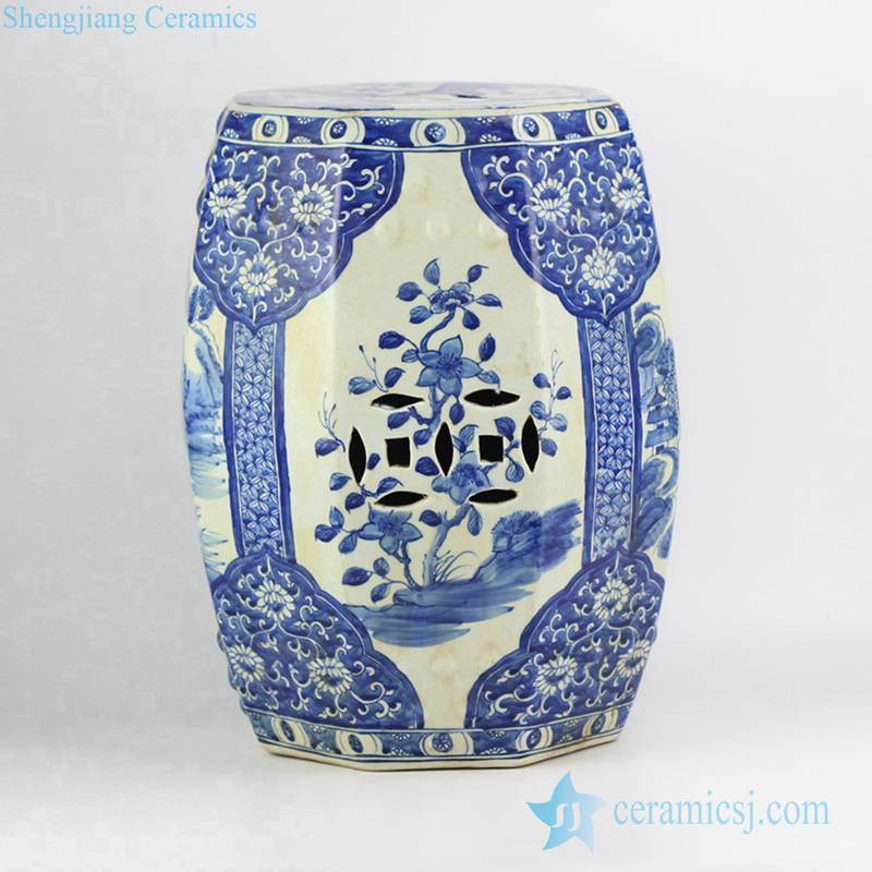 Asian style hand paint blue floral and ancient China architecture pattern banquet hall lounge ceramic table end