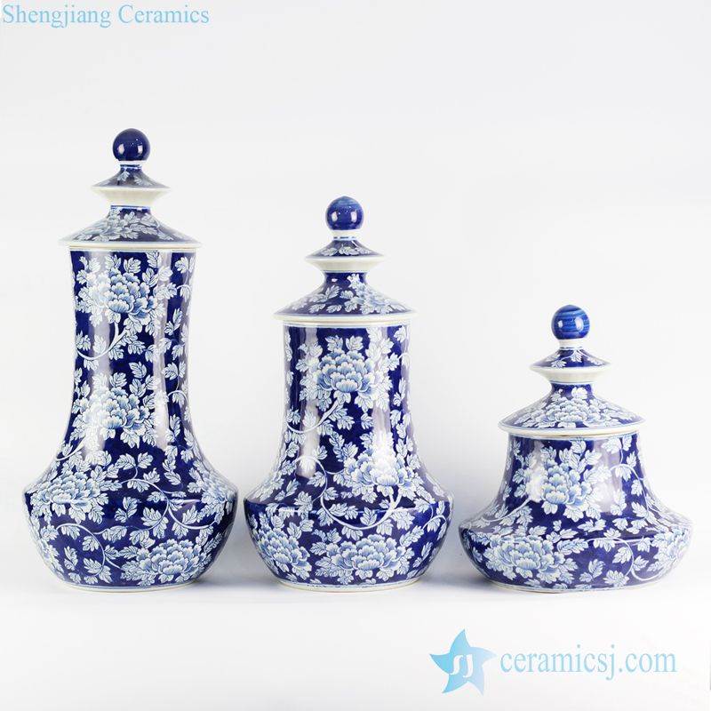 Set of three hand paint peony flower design hand paint collectible porcelain spice oil jar