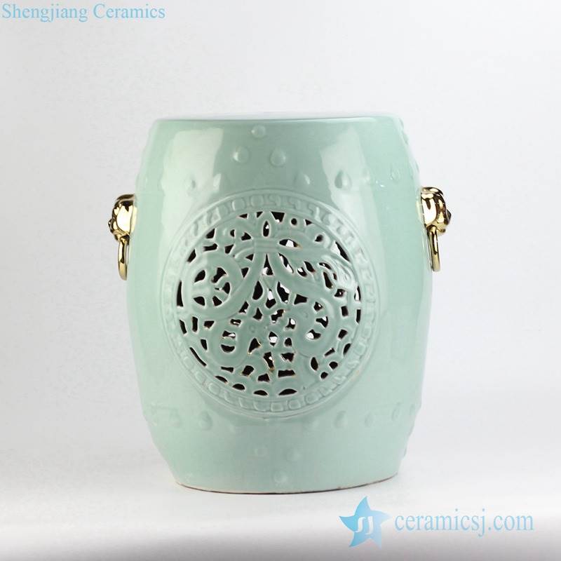 Celadon glaze golden pleated lion ring handle carved ceramic seat