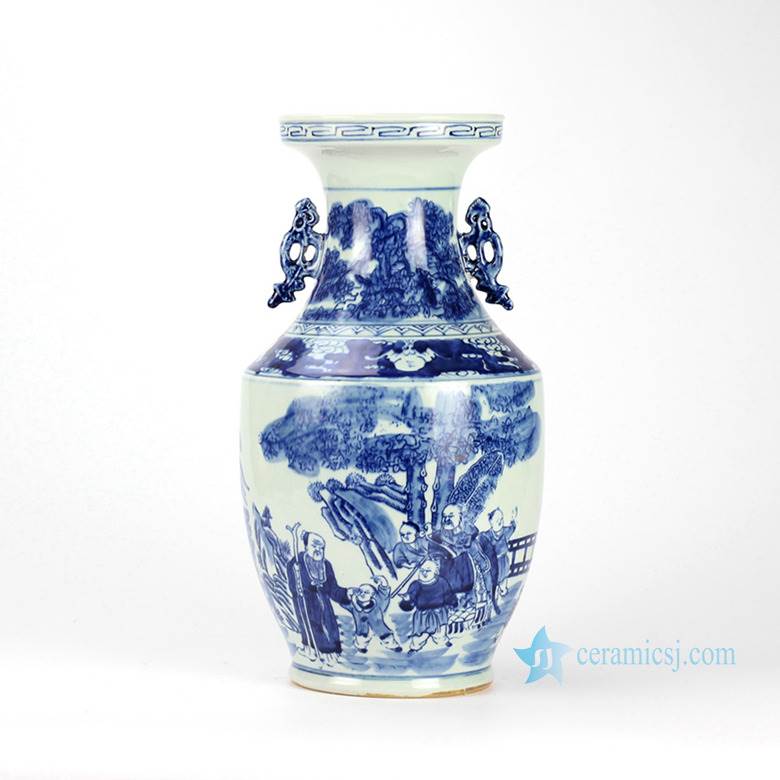 blue and white hand paint  Confucius and children pattern ceramic vase with ears