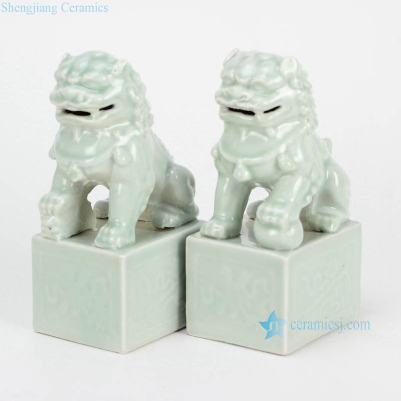 Celadon cream light green color fairy ancient porcelain lions display sculpture