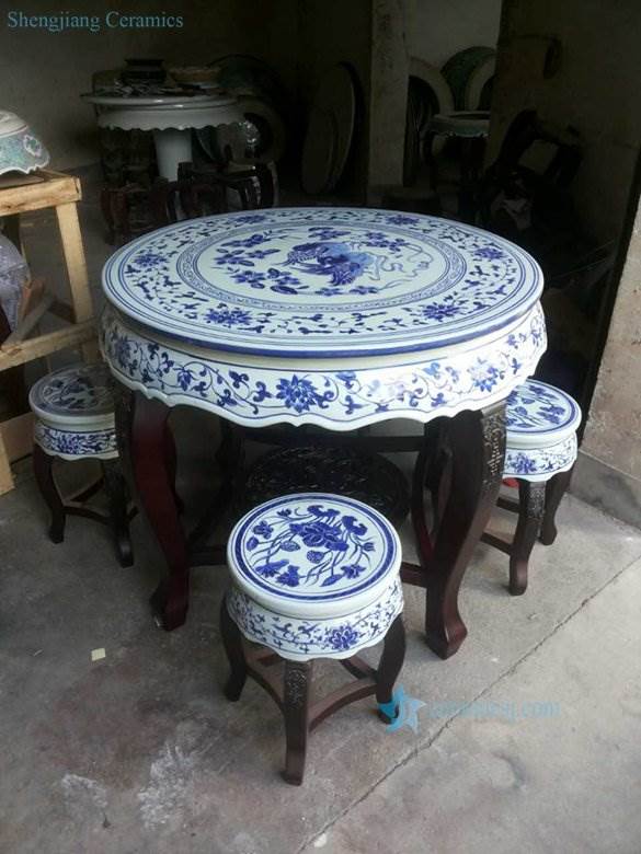 Hand paint Chinese mandarin couple ducks and lotus pattern wood and ceramic mixed style table and stool