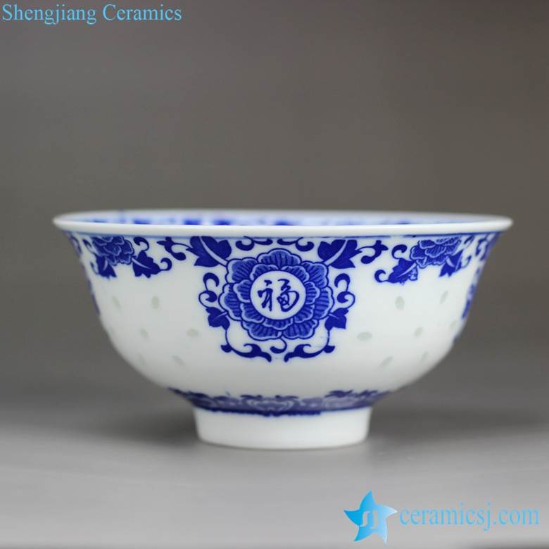 Blue and white God blessing in Chinese letter pattern Jingdezhen traditional carved translucent rice grain pattern crockery bowl