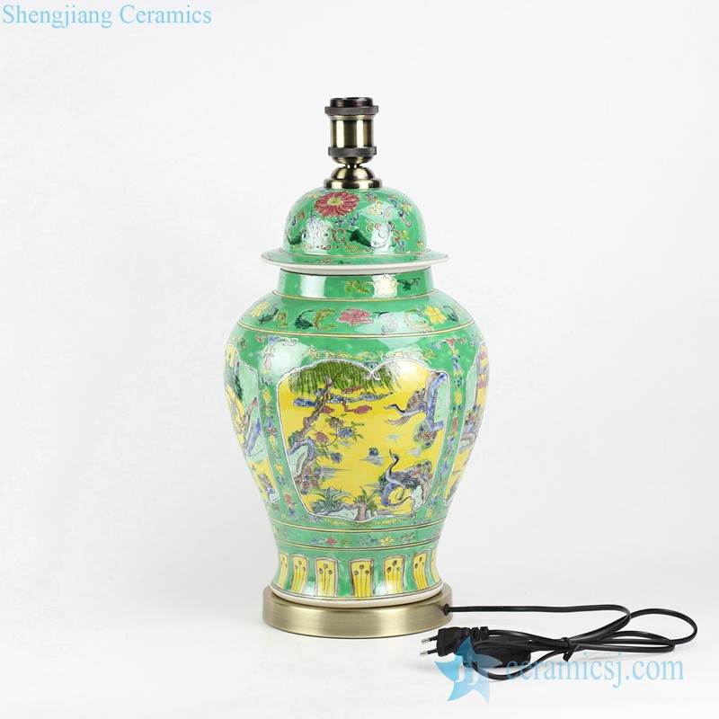 Famille rose hand paint crane floral pattern green background antique style ceramic lamp