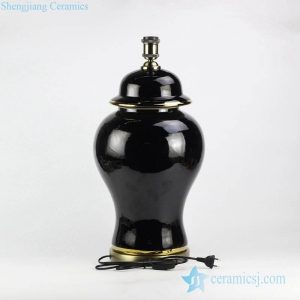 DS107-RYRJ14-F Glossy black porcelain ginger jar lamp with gold line and brass base bulb holder